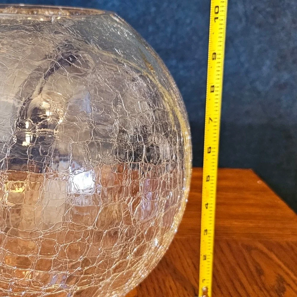 Vintage Handcrafted Clear Crackle Glass Rose Bowl Vase 12 inch Round Centerpiece